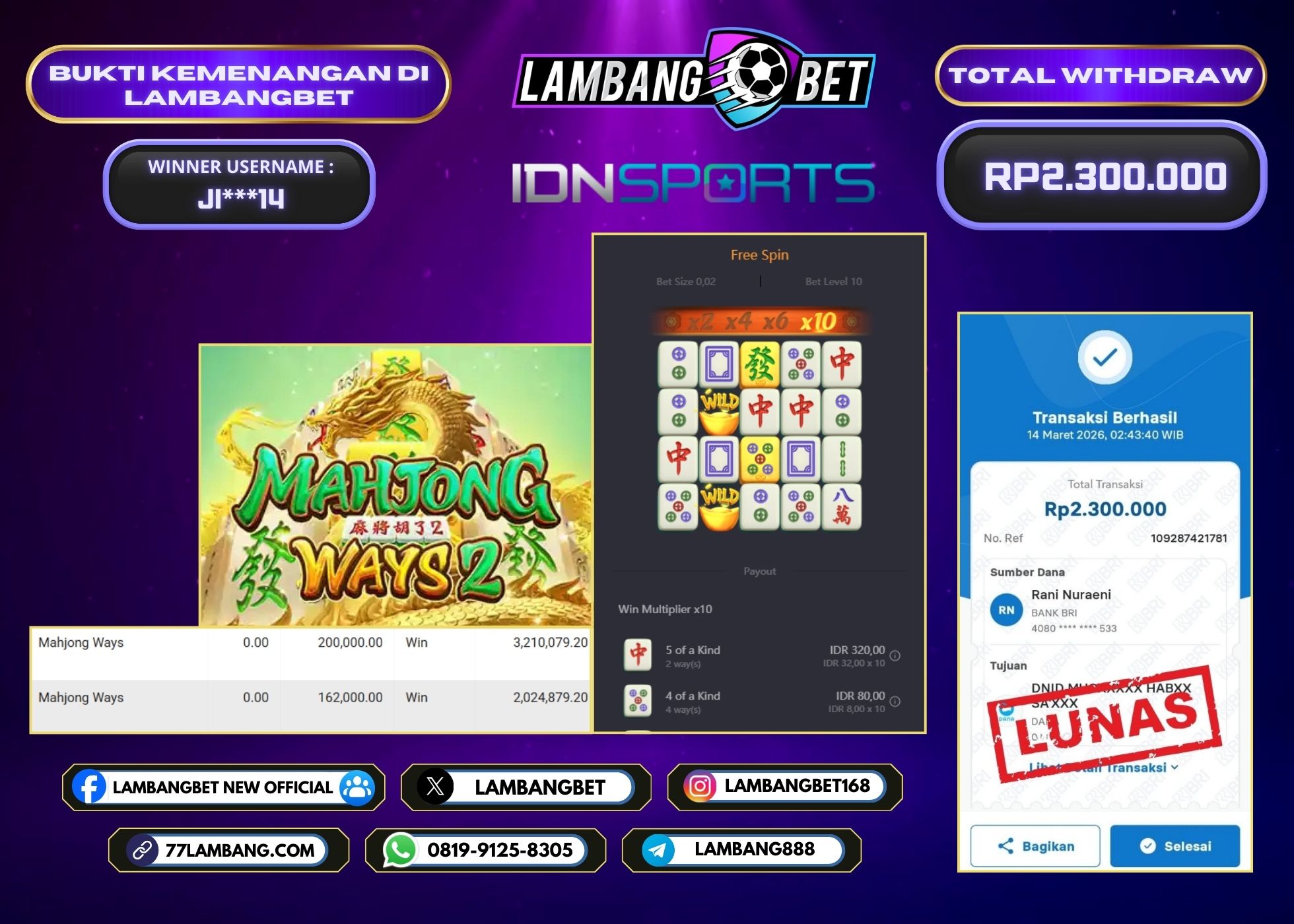 LAMBANGBET [14 MARET 2025] JACKPOT SLOT Mahjong Ways "Rp2.300.000" LUNAS